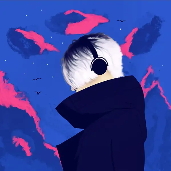 Character with headphones against blue sky