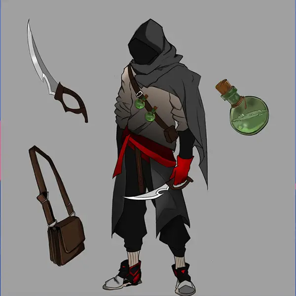 Hooded character concept sheet with weapon and prop callouts