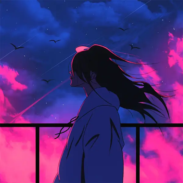 Figure against a pink and blue sky